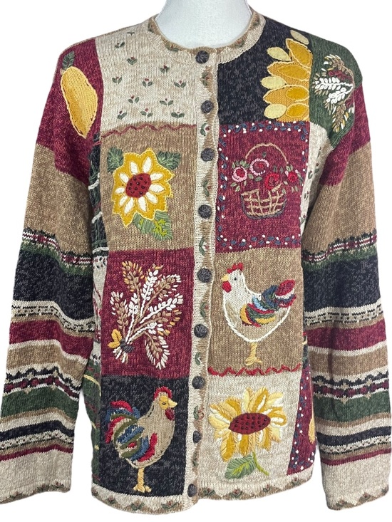 Heirloom Collectibles Sweaters - Cottagecore Patchwork Embroidered Cardigan M Homestead Farmhouse Floral Vintage